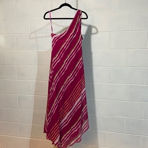 Lauren Ralph Lauren Women's Georgette Dress 12 Pink Striped One-Shoulder Wedding - Picture 3 of 10